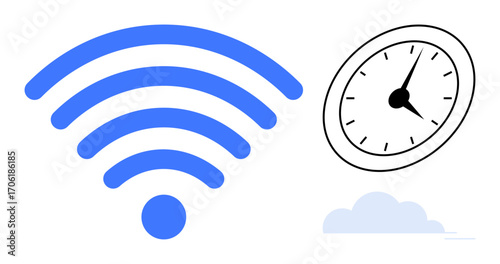 Blue wireless signal waves beside a black and white analog clock floating over a pale blue cloud. Ideal for communication, technology, time management, networking, productivity, efficiency, wireless