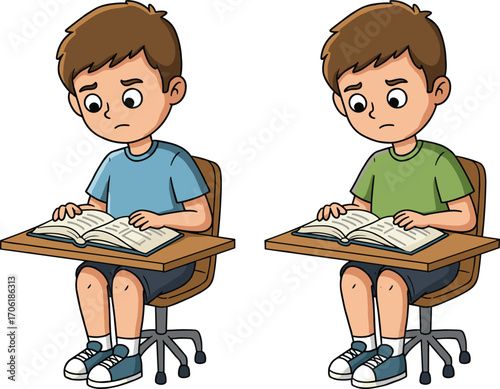 Boy reading book at desk, cartoon illustration of study time, classroom learning moment, education scene, student concentration, vector art