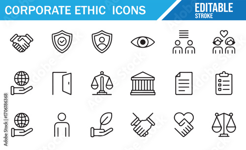 Corporate principles icons with shield compass and responsibility vector set