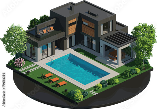 Modern black villa with wood accents, infinity pool, outdoor lounge, sunbeds, night lighting, 3D rendering, luxury home design.
