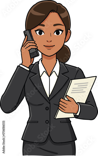 Businesswoman talking on phone holding folder, professional communication scene, office attire, multitasking illustration, corporate work moment, career vector art