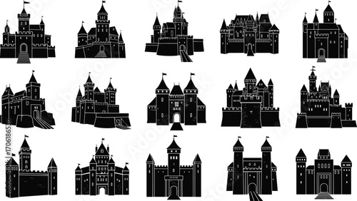 Medieval castles collection, old fortress silhouettes, historic architecture, stone castles, towers with flags, stronghold, fortifications, ancient buildings, fantasy castles set