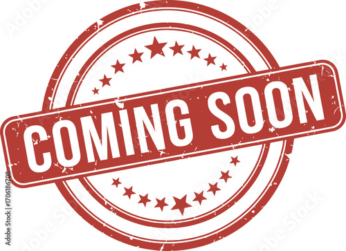 Coming Soon Text on Round Red Distressed Rubber Stamp with Stars on White