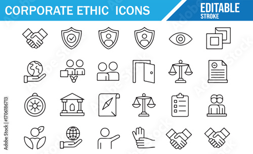 Editable stroke line icons of corporate responsibility and integrity symbols