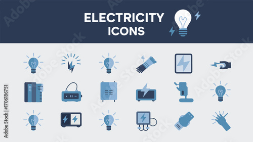 Electricity icons lightbulbs lightning bolts power devices vector