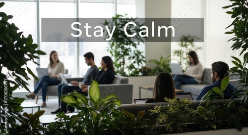 Wallpaper Mural Modern Office Lounge with "Stay Calm" Sign, People Working Torontodigital.ca