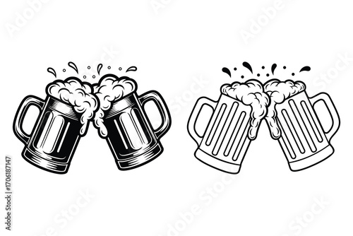 Clinking Beer Mugs with Foam – Cheers Line Art Vector
