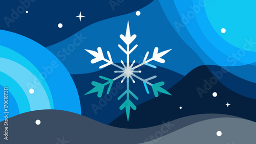 A beautiful vector illustration of a winter Christmas landscape with snow and trees under a starry night sky