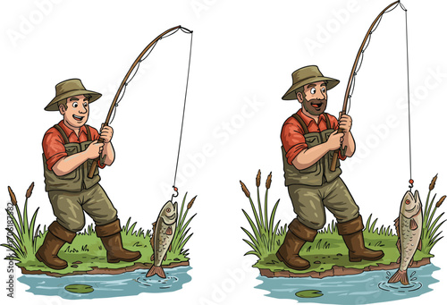 Cartoon fisherman holding fishing rod with fish in outdoor nature scene, wearing hat, red shirt, green overalls, and brown boots