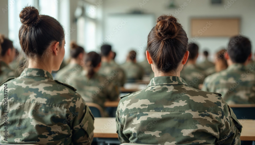 Fototapeta premium Classroom of military trainees in camouflage uniforms