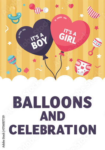 Potrait poster gender reveal with ballon and celebration, vector design