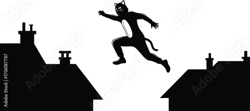 Silhouette of a cat burglar running across rooftops under the moonlight night