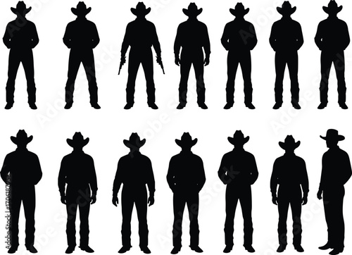 Cowboy silhouettes, western figures, black outline, hat style, standing pose, rifle stance, wild west, vintage icon, frontier design, outlaw theme