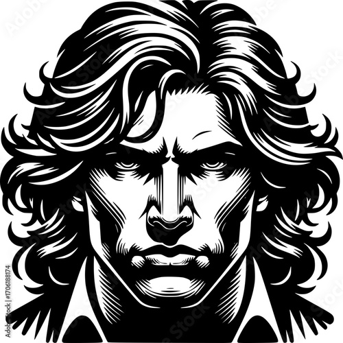 Intense Portrait of a Man: A dramatic and powerful depiction of a man, etched in bold black and white lines. The art captures intense emotion.