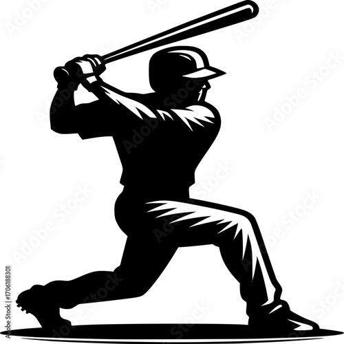 Dynamic Baseball Swing: A baseball player in full swing, caught in a moment of powerful action. Illustrating the core fundamentals of the game, the focus is on athletic skill and dedication.