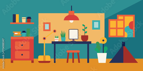 Vector illustration of a modern cafe interior with wooden furniture, a dining table, and chairs