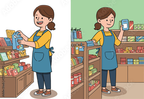 Cartoon woman organizing stationery in retail store, checking products on shelf, merchandising notebooks and supplies in colorful shop interior