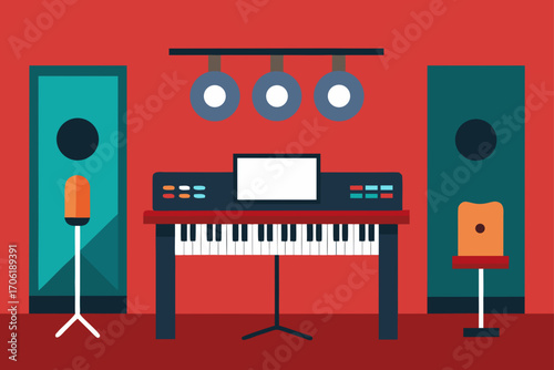 Grand piano with music notes in a living room interior with a television