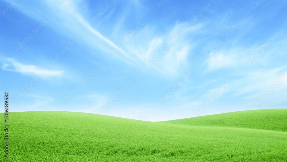 Obraz premium Panoramic Minimalist Landscape with Rolling Green Hills under Clear Blue Sky and Wispy White Clouds, Serene Outdoor Nature Scene in Bright Soft Daylight 