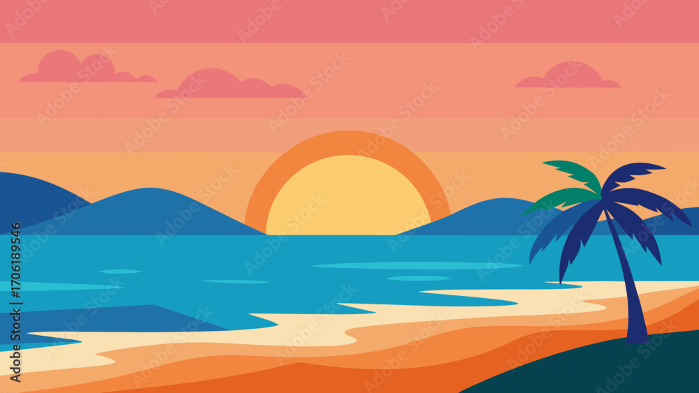 Obraz premium Tropical island beach scene with palm trees and a turquoise ocean under a summer sky