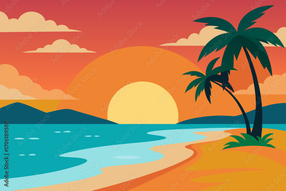 Fototapeta premium Sunset over a tropical paradise beach with palm trees silhouetted against the sky