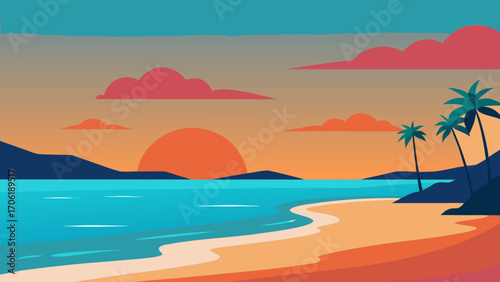 Vector summer travel illustration with palm trees on a tropical island coast