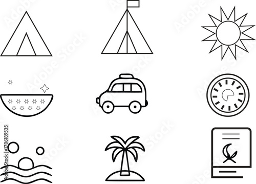 Collection of simple and minimalist travel and outdoor activity icons, including camping tents, a car, sun, beach, palm tree, waves, and a book for a minimalist or flat design