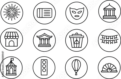 A versatile collection of modern thin line icons depicting city life, entertainment, and cultural events. This vector set includes symbols for festivals, public services, and travel