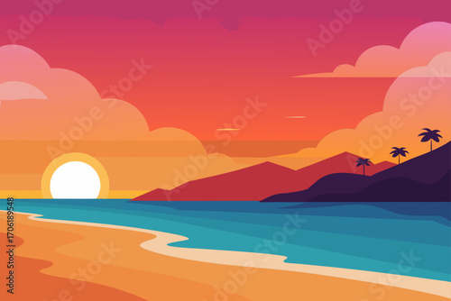 Orange clouds and a beautiful sunset reflect on the calm evening sea