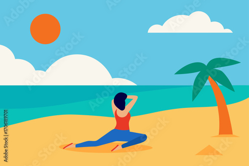 A relaxed woman enjoys her tropical vacation on a sunny paradise island beach with a palm tree