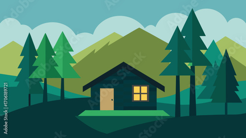 A cartoon vector illustration of a peaceful cottage home nestled in a mountain village with a clear sky