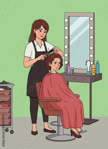 Hair salon scene with hairstylist working on customer in red cape near vanity mirror, salon tools, and product shelves
