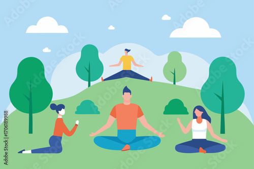 Cartoon vector illustration of a woman doing yoga in the lotus position on the beach