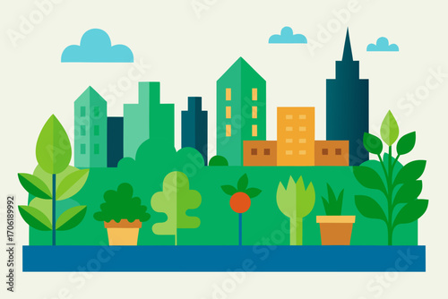 A vector illustration of a green city landscape with eco-friendly buildings and lush trees