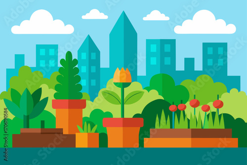 Vector illustration of a green urban cityscape with various buildings, trees, and a bright sky