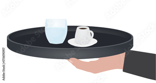 Waiter serves coffee on plate. vector