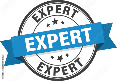 Expert Seal with Blue Ribbon Banner and Stars in a Circular Design on White