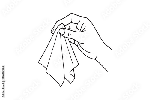 Line art hand holding tissue illustration on white background.