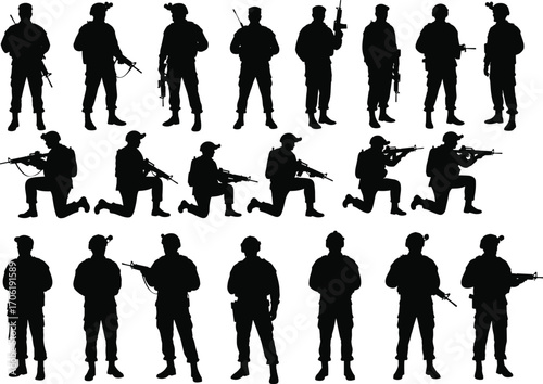 Soldier silhouettes, armed forces, tactical poses, military figures, rifle stance, combat training, black outline, warfare icons, defense posture, battlefield design