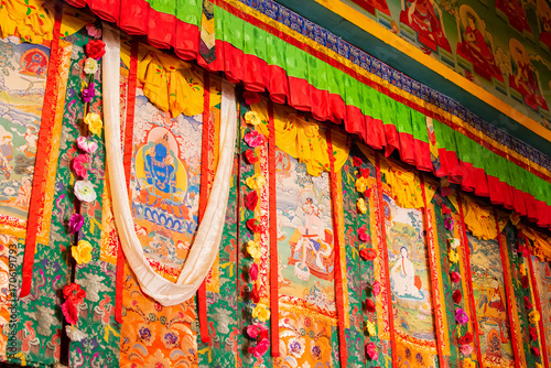 Buddhist thangka - a Tibetan Buddhist painting on cotton, or silk applique - in a monastery in Ralong, Sikkim, India. Image shot with permission.