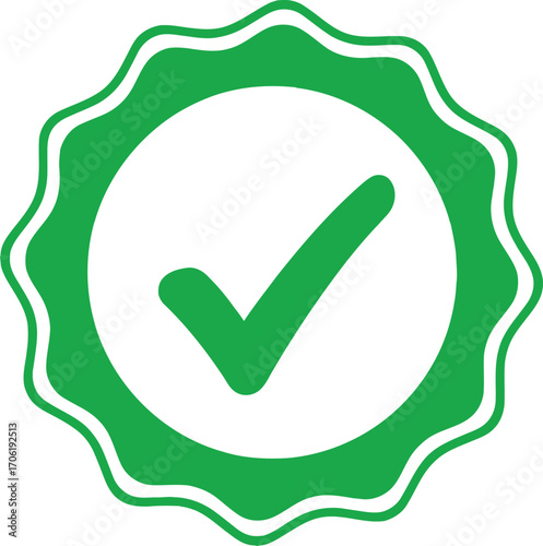 Green Approval Tick Icon on White Round Rosette with Transparent Background