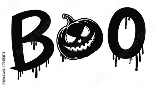Vector illustration of spooky halloween boo text with a creepy jackolantern pumpkin illustration