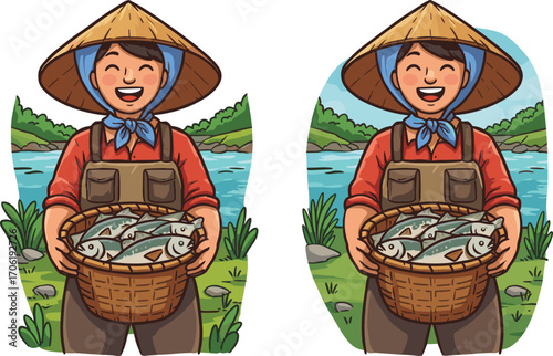 Traditional Asian fisherman with basket of fresh fish by riverbank, wearing conical hat, smiling in nature landscape illustration vector