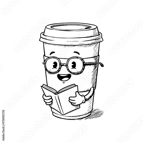Cartoon coffee cup character reading a book with glasses and smile, pencil drawing, isolated vector image on a transparent background
  