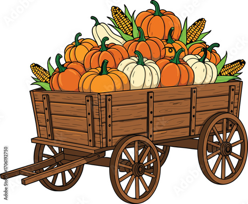 A wooden cart filled with pumpkins and corn for autumn harvest season