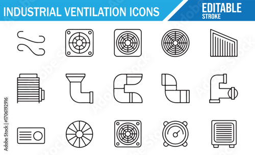 Set of industrial ventilation icons with fans ducts exhaust and air conditioning symbols editable stroke line design black and white vector illustration for factory building hvac and engineering conce