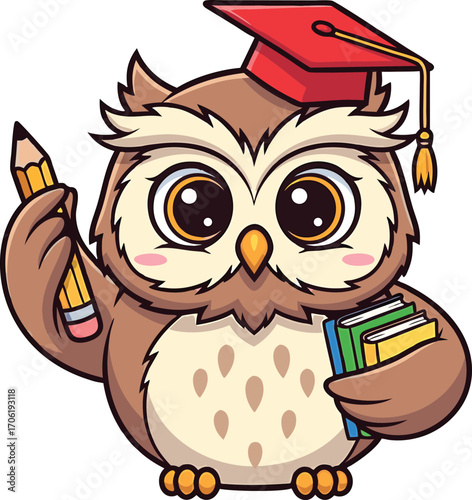 Adorable cartoon owl wearing graduation cap holding a pencil and books with big eyes