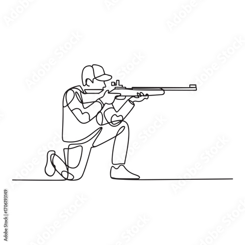 One continuous line Art drawing young man on shooting training ground practice for competition with rifle gun. Outdoor shooting sport concept. with white background
