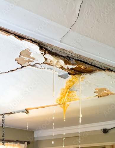 Damaged ceiling with dripping substance