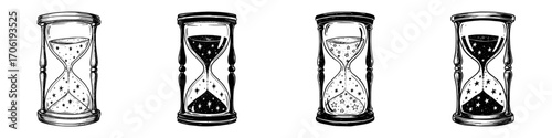 Set of images, seamless border in the form of an hourglass in which stars, a symbol of spirituality, replace sand, pencil drawing, isolated vector image on a transparent background